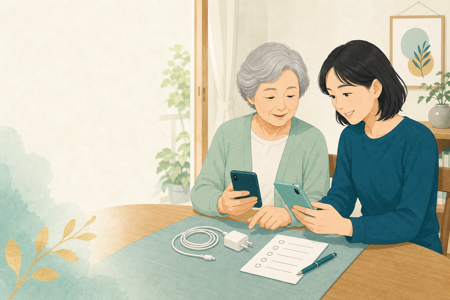 家族がスマホと充電ケーブルを確認しているイメージ
