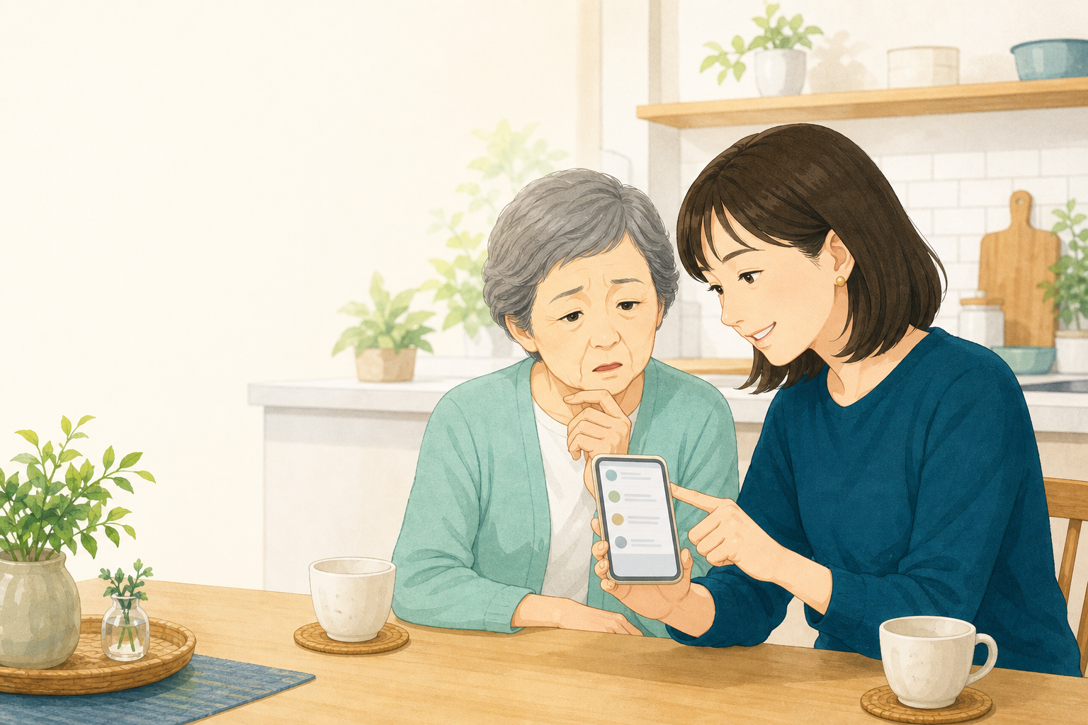 家族が一緒にスマホ通知を確認しているイメージ